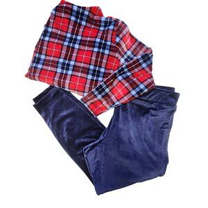 LANDS END Velour 2-piece Pajamas Pants and Top Blue with Red & Blue Plaid Sz 1X